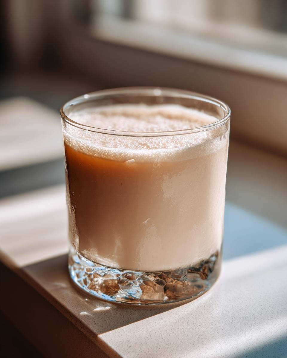 A creamy, light brown glass of Jamaican Rum Cream Alcohol Free beverage sitting on a sunlit counter.
