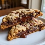 Close-up of Jumbo Chocolate Stuffed Butter Pecan Cookies broken in half showing gooey melted chocolate center and pecans.