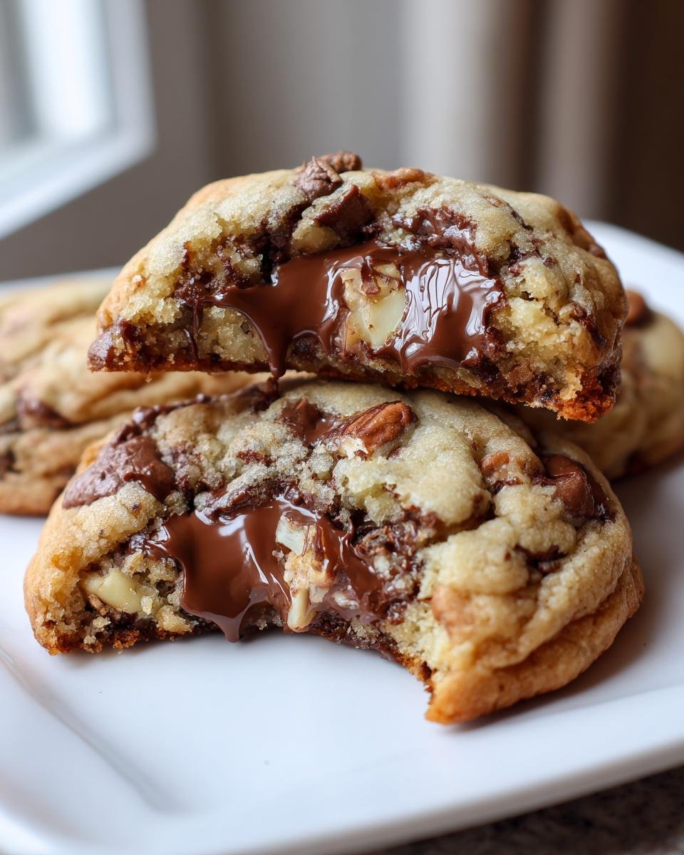 Close-up of Jumbo Chocolate Stuffed Butter Pecan Cookies broken in half revealing gooey melted chocolate center and pecans.