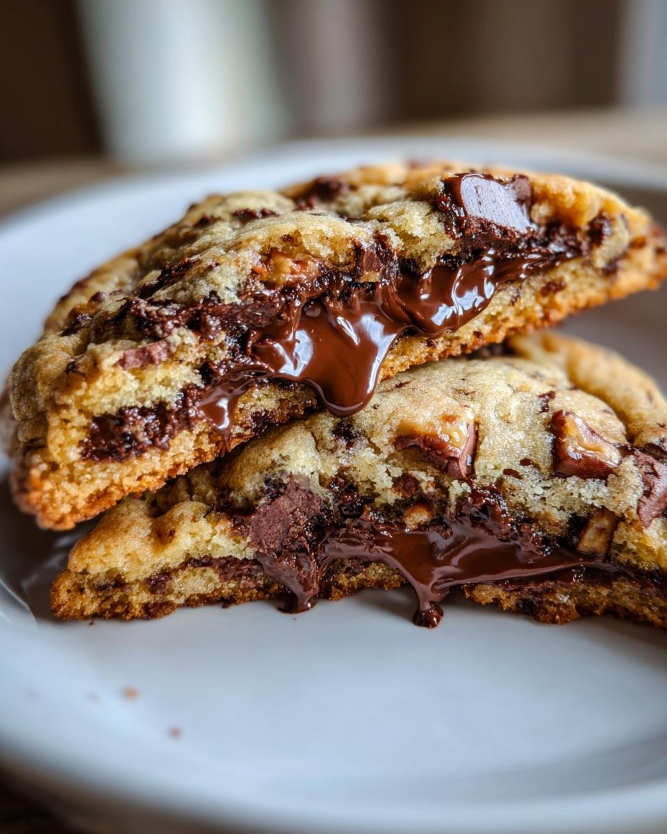 Close-up of Jumbo Chocolate Stuffed Butter Pecan Cookies cut in half showing gooey, melted chocolate center.