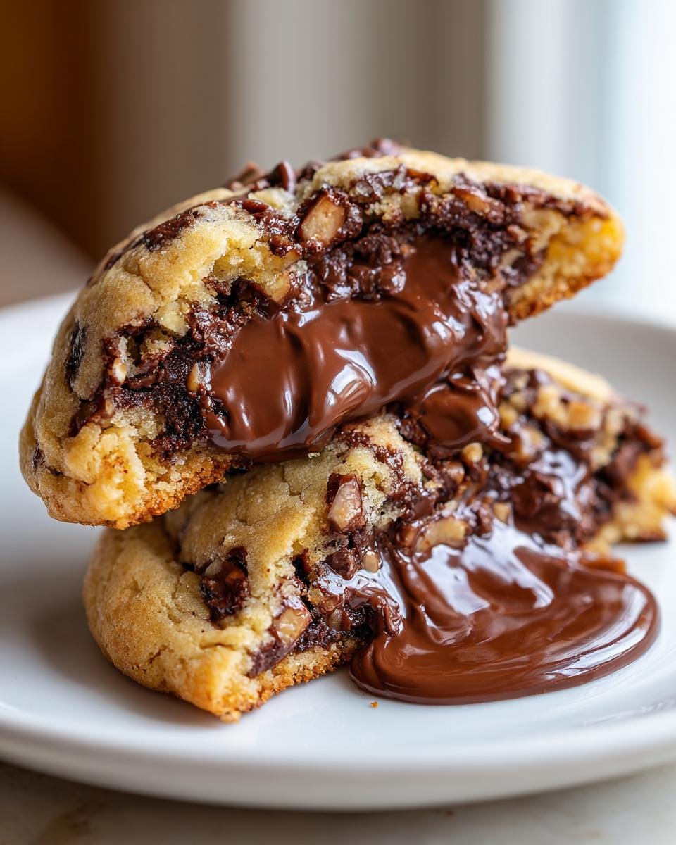 Close-up of Jumbo Chocolate Stuffed Butter Pecan Cookies broken in half revealing gooey melted chocolate center.