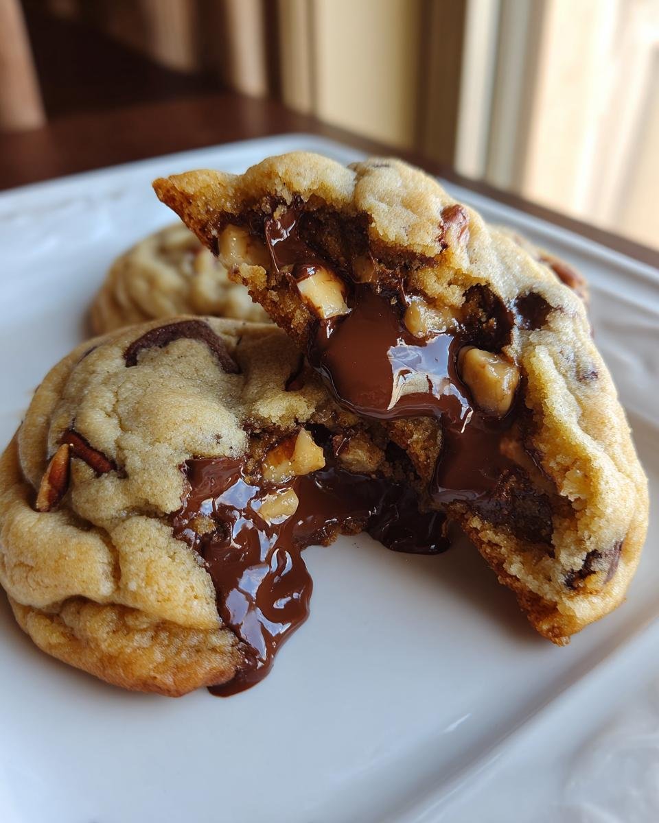 Close-up of Jumbo Chocolate Stuffed Butter Pecan Cookies broken in half showing gooey melted chocolate and pecans inside.