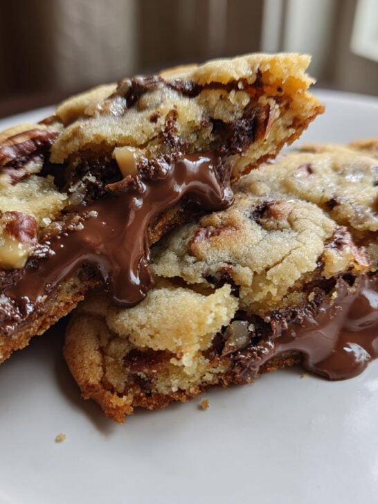 Close-up of Jumbo Chocolate Stuffed Butter Pecan Cookies broken in half showing gooey melted chocolate center and pecans.