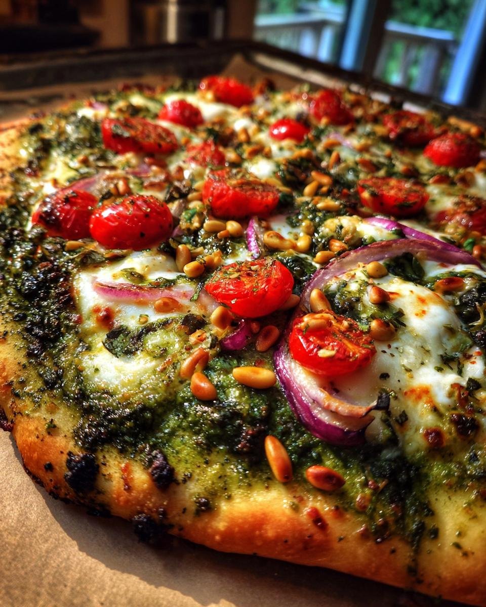Close-up of a freshly baked Kale Pesto Pizza topped with cherry tomatoes, red onion, pine nuts, and melted mozzarella.