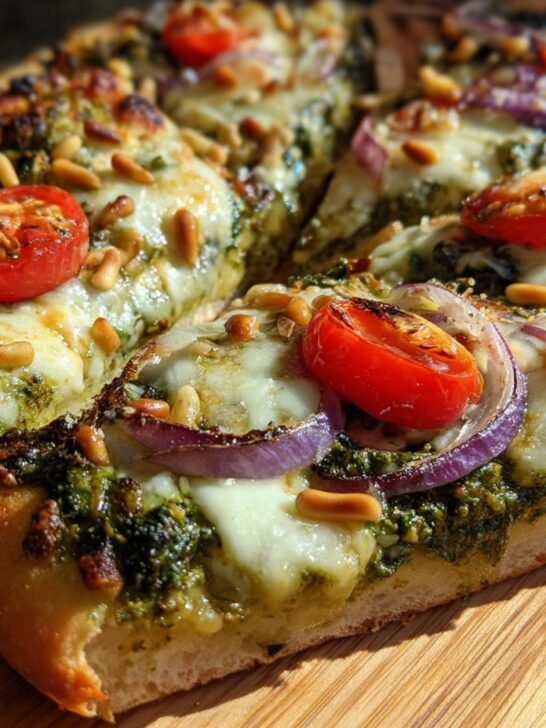 A close-up of a slice of Kale Pesto Pizza, topped with melted cheese, cherry tomatoes, red onion, and pine nuts.