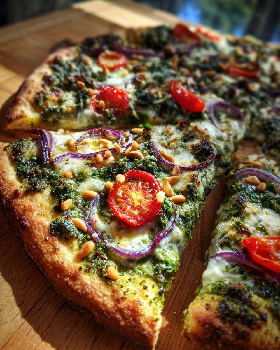 A close-up of a slice of Kale Pesto Pizza, featuring vibrant green pesto, cherry tomatoes, red onion, pine nuts, and melted cheese.