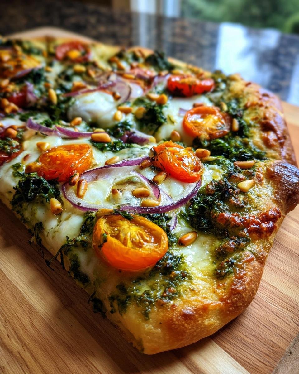 A close-up of a slice of Kale Pesto Pizza topped with cherry tomatoes, red onion, pine nuts, and melted mozzarella.