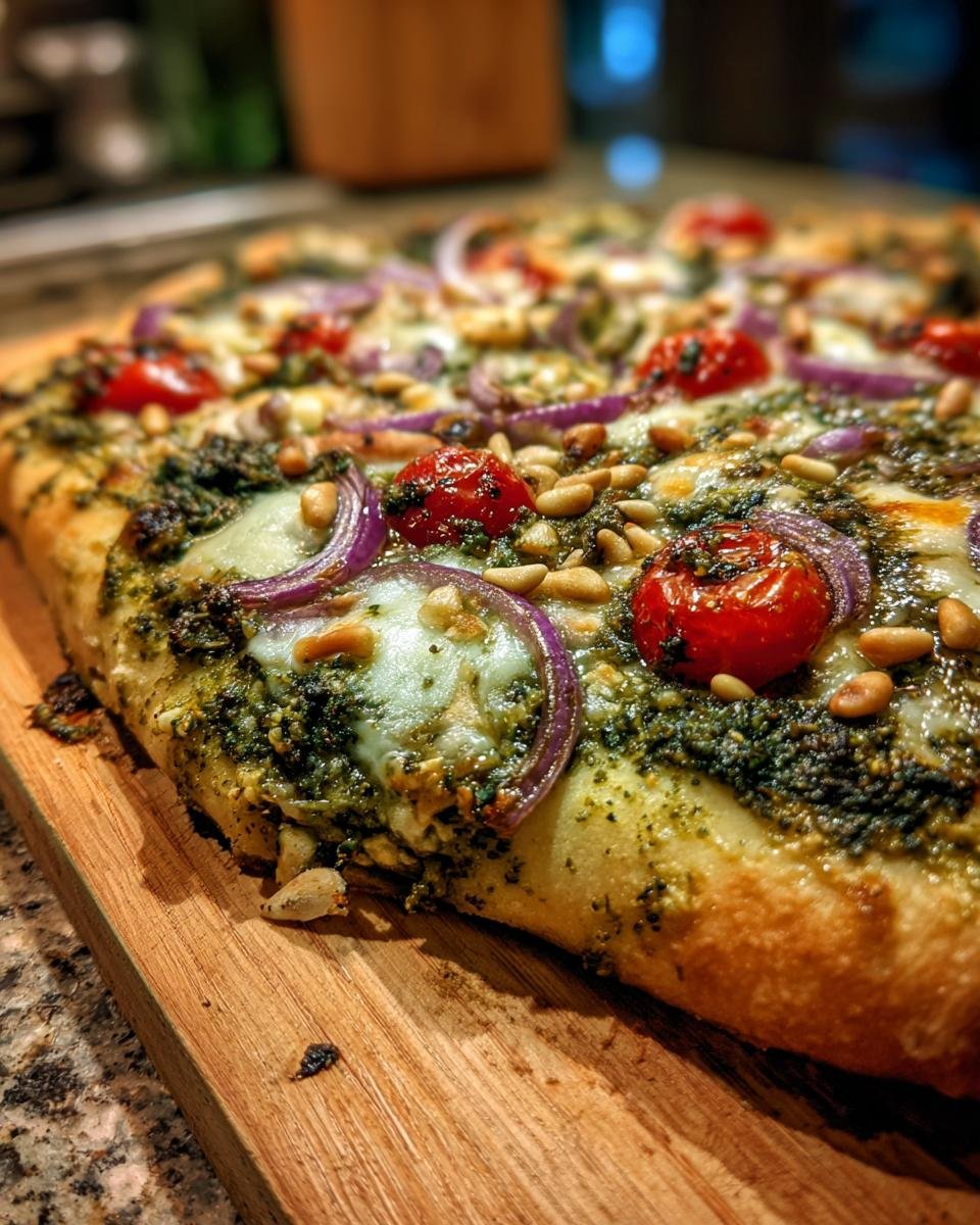 Close-up of a freshly baked Kale Pesto Pizza topped with red onions, cherry tomatoes, pine nuts, and melted mozzarella.