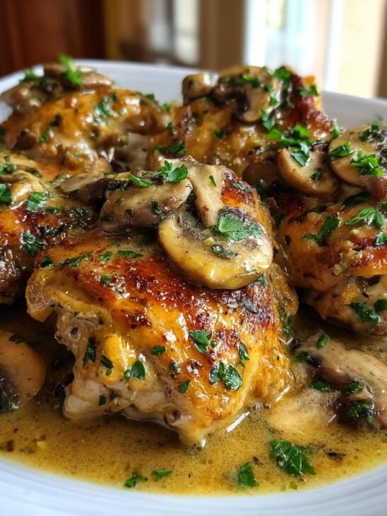 A close-up of Irresistible Keto Chicken Thighs With Creamy Mushroom Sauce, garnished with fresh parsley.