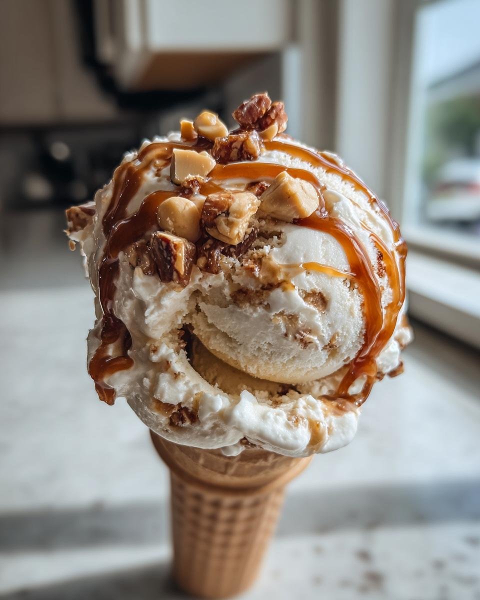 A close-up of a waffle cone filled with creamy Loaded No Churn Snickers Ice Cream, drizzled with caramel and topped with nuts and Snickers pieces.