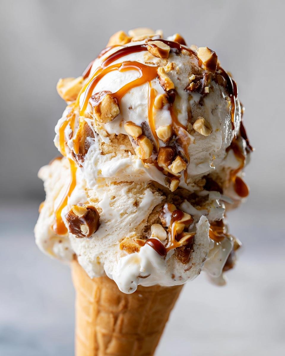 Close-up of a waffle cone filled with Loaded No Churn Snickers Ice Cream, drizzled with caramel and topped with chopped peanuts.