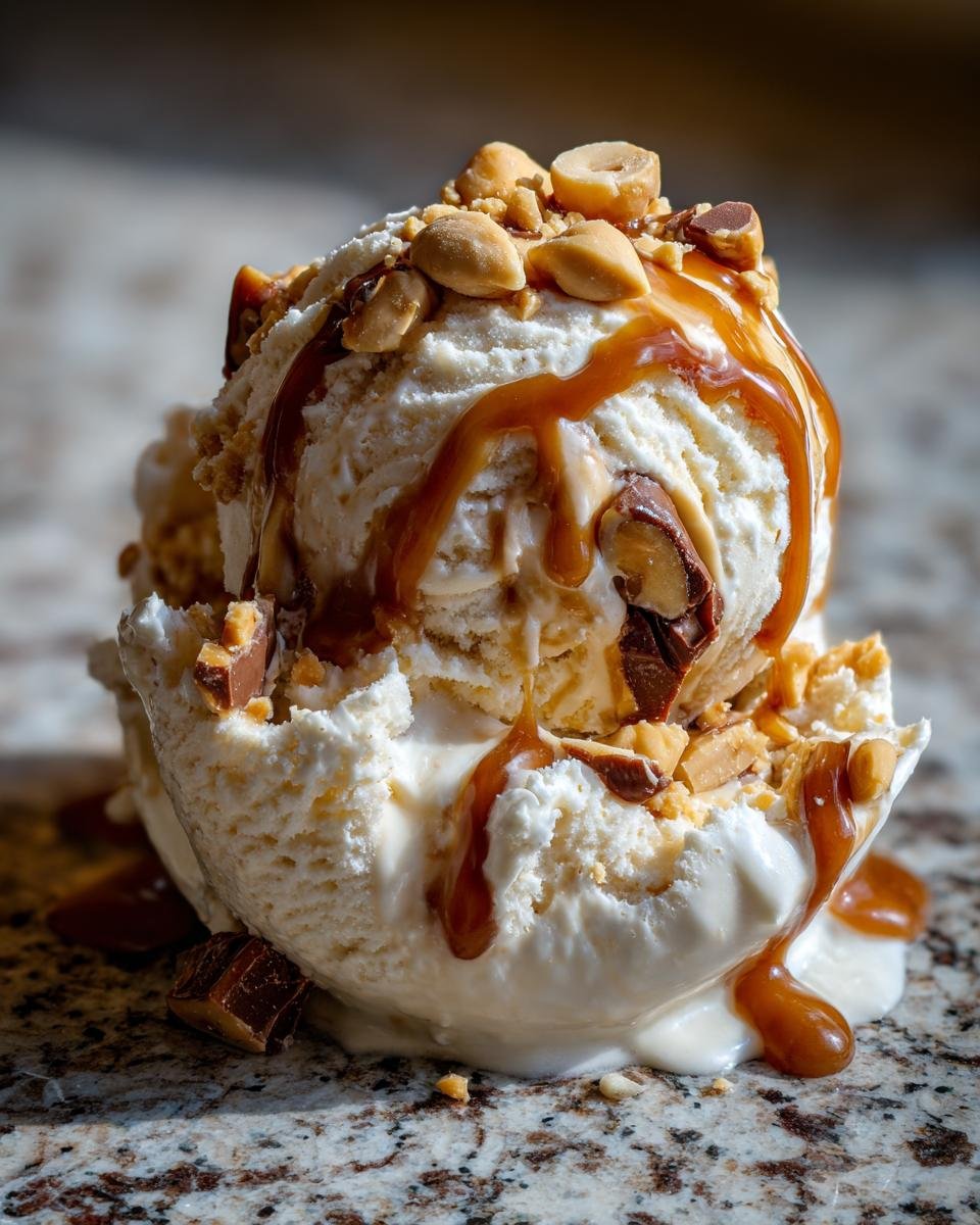 A generous scoop of Loaded No Churn Snickers Ice Cream, drizzled with caramel and topped with peanuts and chocolate chunks.