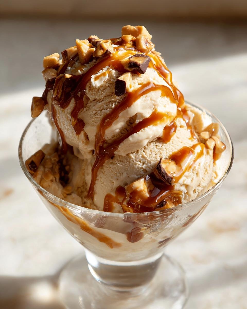A close-up of a glass bowl filled with Loaded No Churn Snickers Ice Cream, drizzled with caramel and topped with chopped Snickers pieces and nuts.