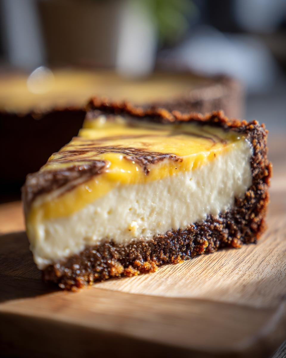 A slice of Mango Cheesecake with a rich Chocolate Graham Cracker Crust, showcasing the creamy filling and swirled mango topping.