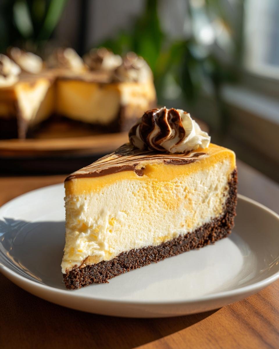A slice of Mango Cheesecake with a Chocolate Graham Cracker Crust, topped with whipped cream and chocolate drizzle.