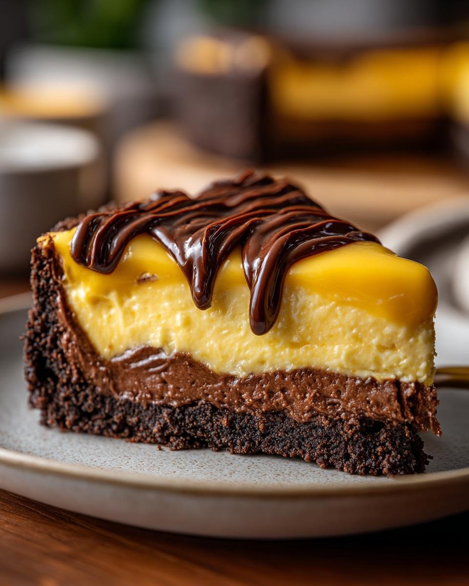 A decadent slice of Mango Cheesecake with a rich chocolate graham cracker crust, drizzled with chocolate ganache.