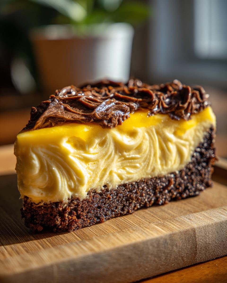 A slice of Mango Cheesecake featuring a chocolate graham cracker crust and chocolate ganache topping.