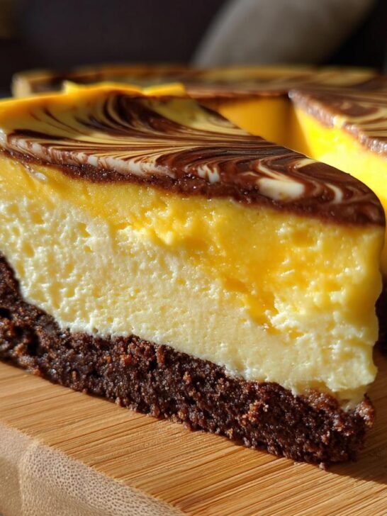 A slice of Mango Cheesecake with a swirled chocolate topping and a rich chocolate graham cracker crust.