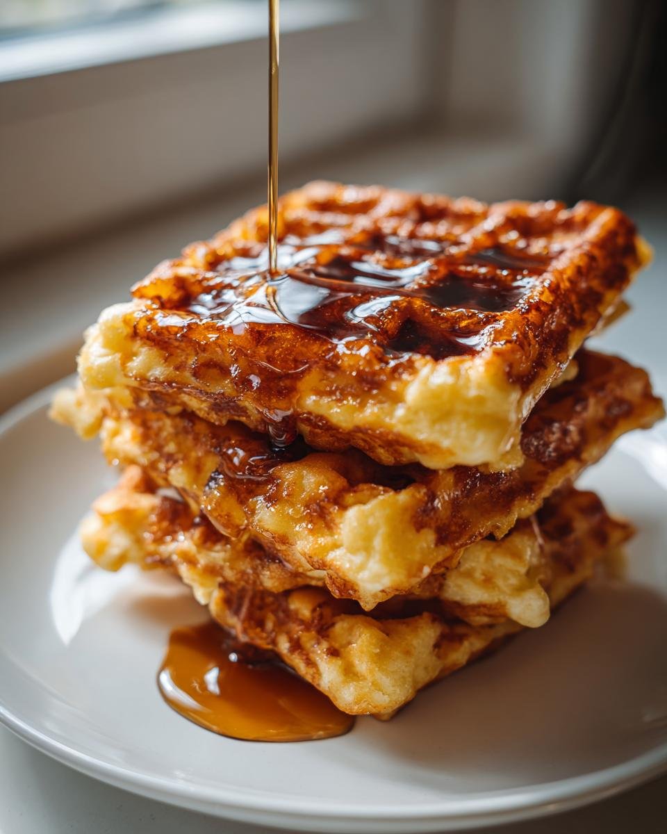 A stack of three golden Best Maple Brown Butter Banana Waffles being drizzled with rich brown syrup.