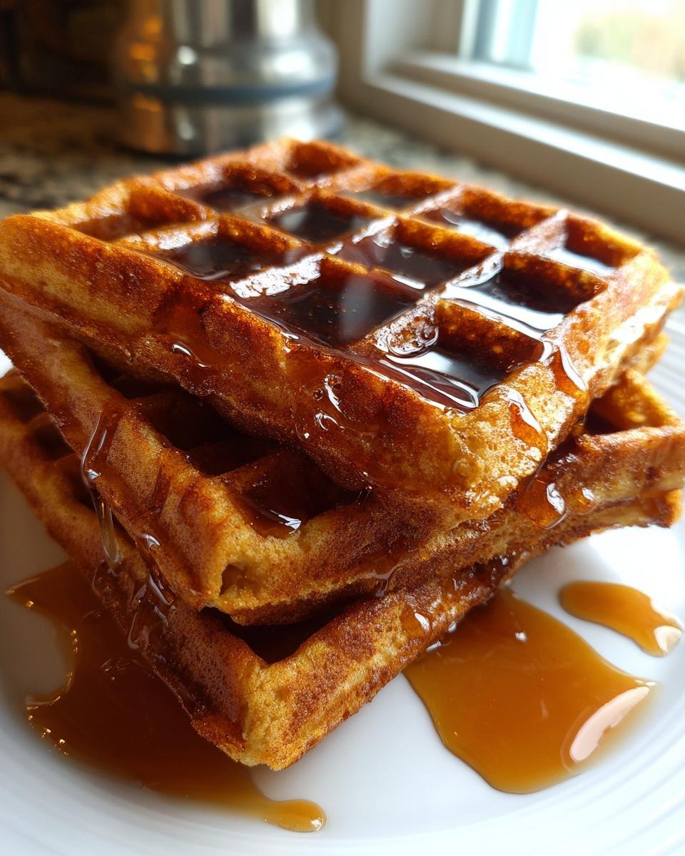 Close-up of a stack of golden brown Maple Brown Butter Banana Waffles generously drizzled with syrup.