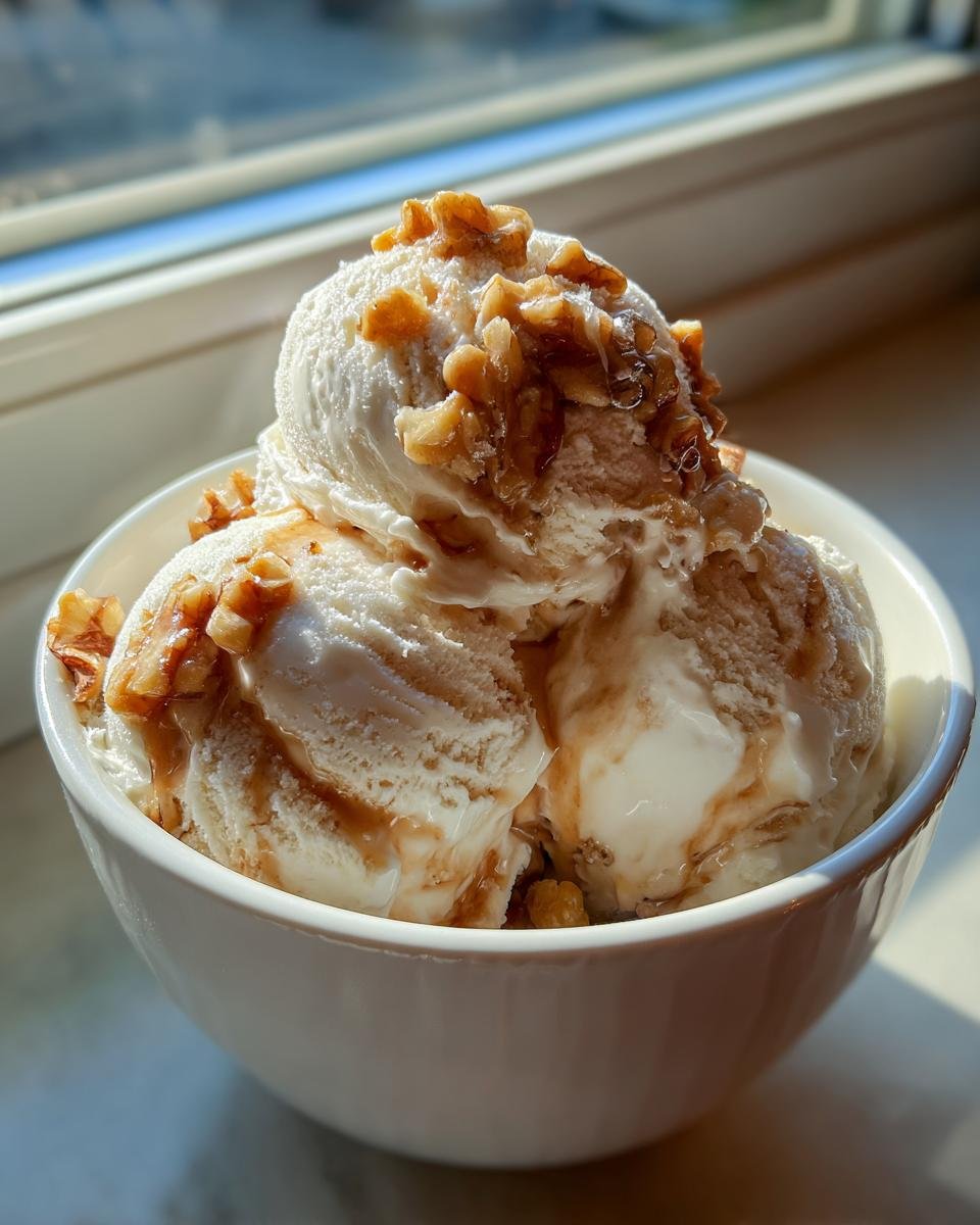 Three scoops of Maple Brown Butter Walnut Ice Cream topped with walnuts and syrup in a white bowl.