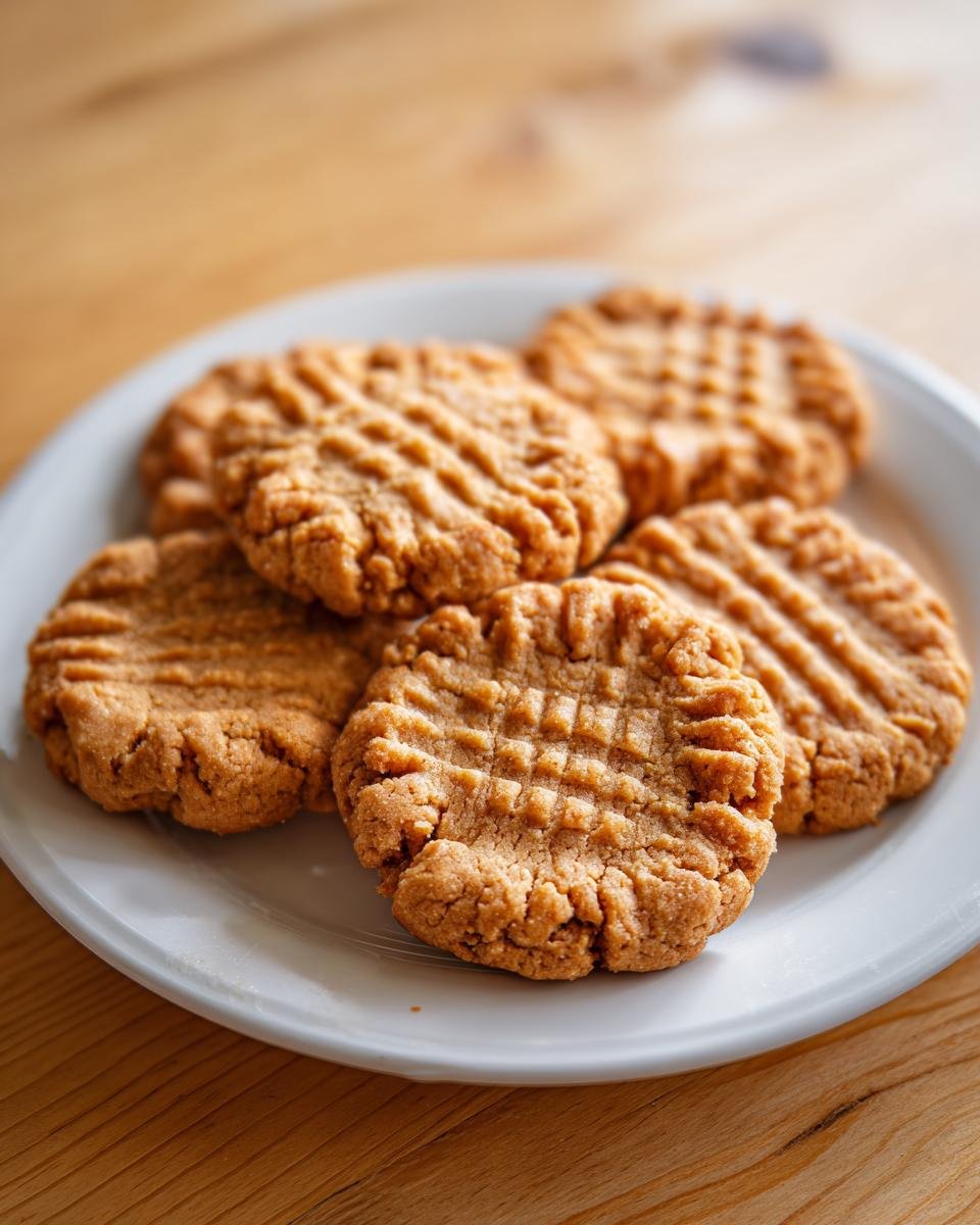 Five freshly baked Melt In Your Mouth Peanut Butter Cookies with classic fork crosshatch marks, served on a white plate.
