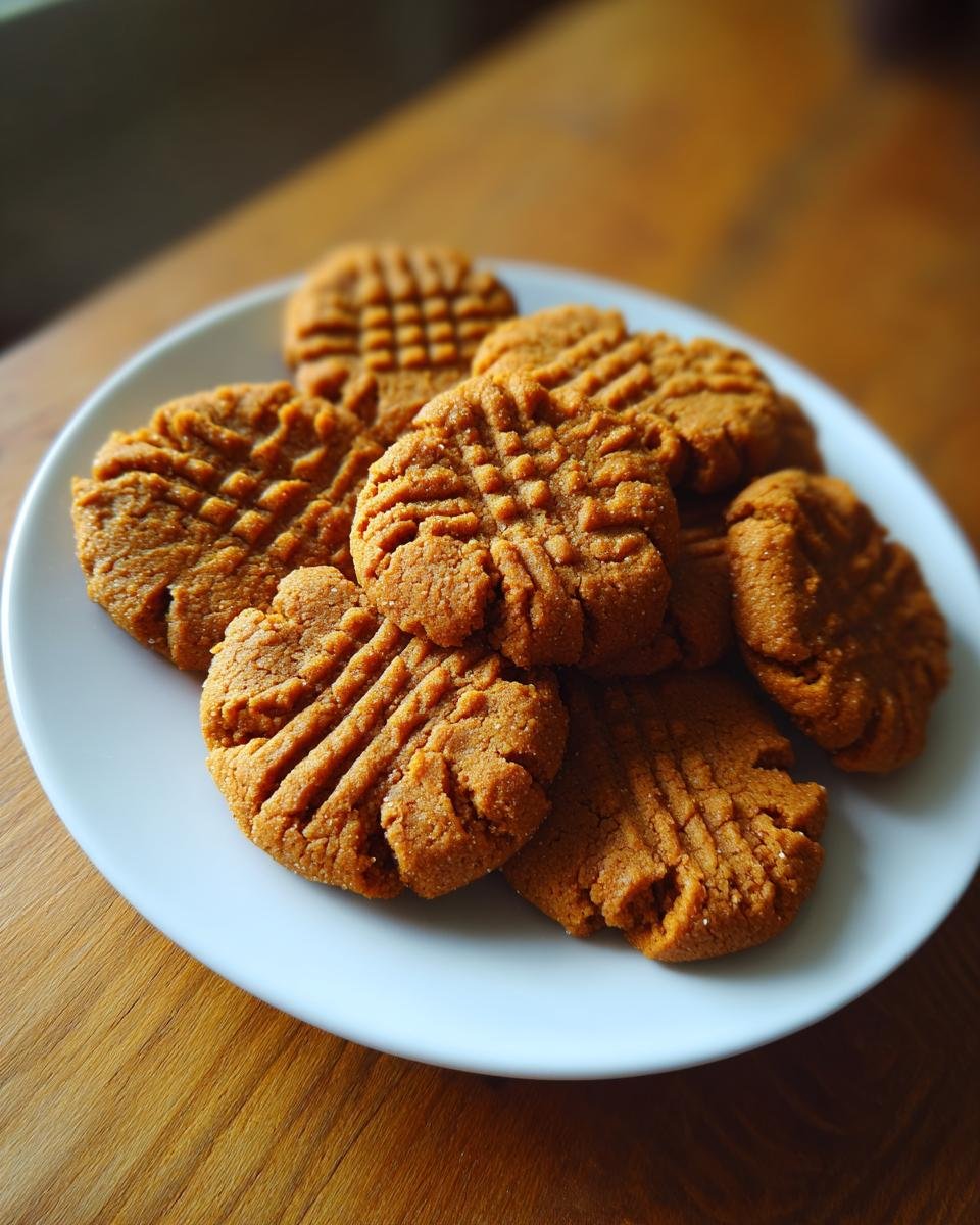 A white plate piled high with freshly baked Melt In Your Mouth Peanut Butter Cookies featuring classic crosshatch fork marks.