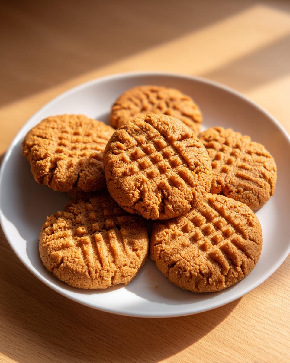 A white plate holding several classic peanut butter cookies with crosshatch fork marks, ready to eat.