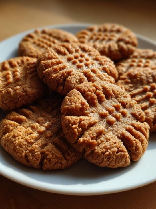 A plate of freshly baked Melt In Your Mouth Peanut Butter Cookies showing classic crisscross fork marks.