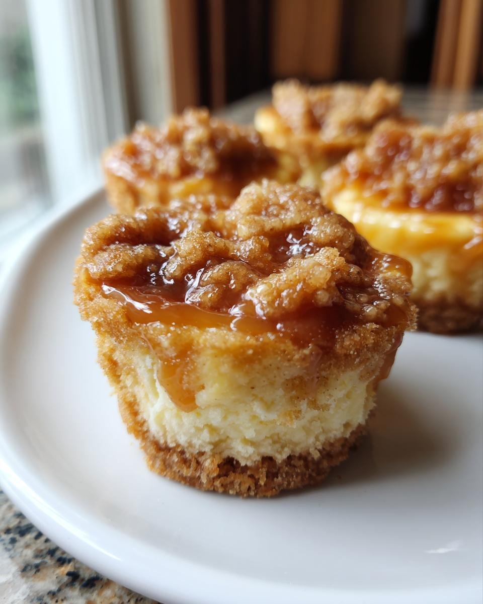 Close-up of Mini Salted Caramel Apple Streusel Cheesecake Bites on a white plate, showing the creamy cheesecake and crumb topping.
