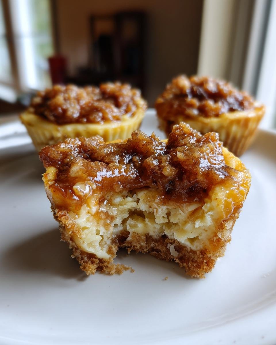 A close-up of a mini salted caramel apple streusel cheesecake bite with a bite taken out, showing the creamy interior and crumb topping.
