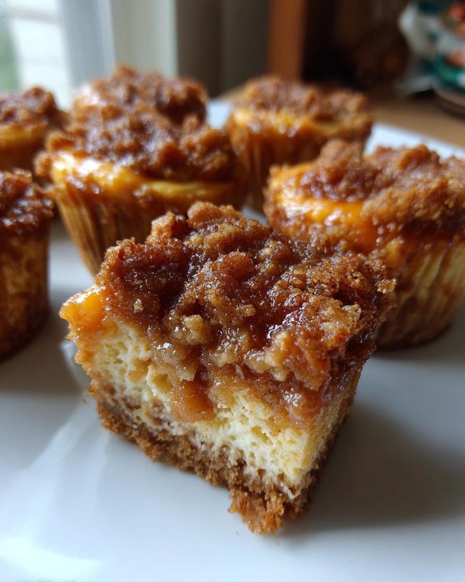 Close-up of a mini salted caramel apple streusel cheesecake bite, showing the creamy cheesecake, streusel topping, and crust.