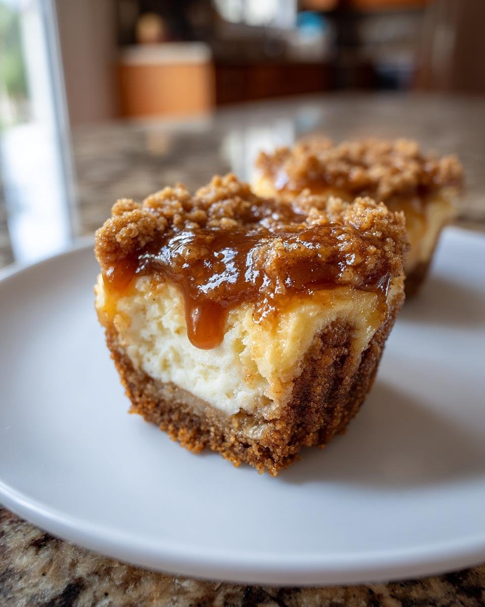 Close-up of a Mini Salted Caramel Apple Streusel Cheesecake Bite on a white plate, drizzled with caramel.