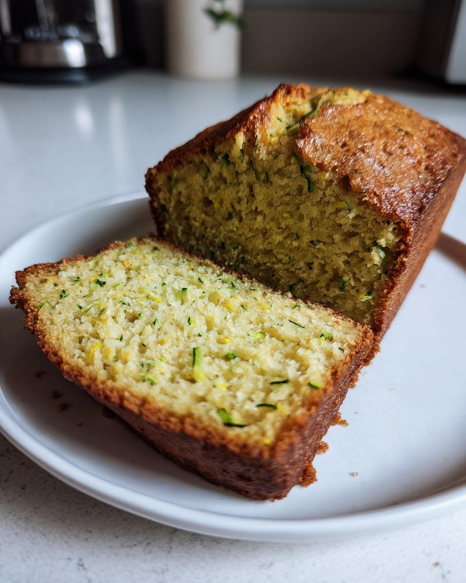 Close-up of a slice cut from a loaf of moist Vegan Lemon Zucchini Bread, showing visible green zucchini shreds.