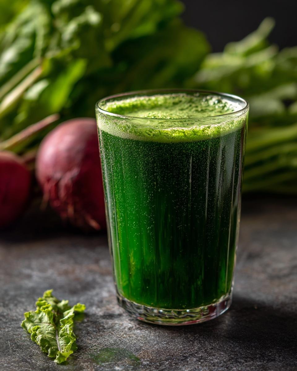A tall glass filled with vibrant green Morning Glory Detox Juice, with beets and greens in the background.
