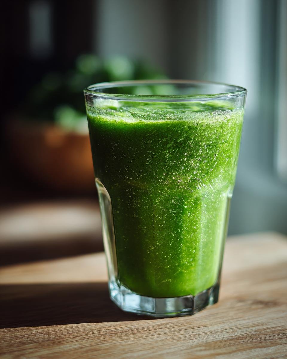 A refreshing glass of vibrant green Morning Glory Detox Juice, filled to the brim with frothy goodness.