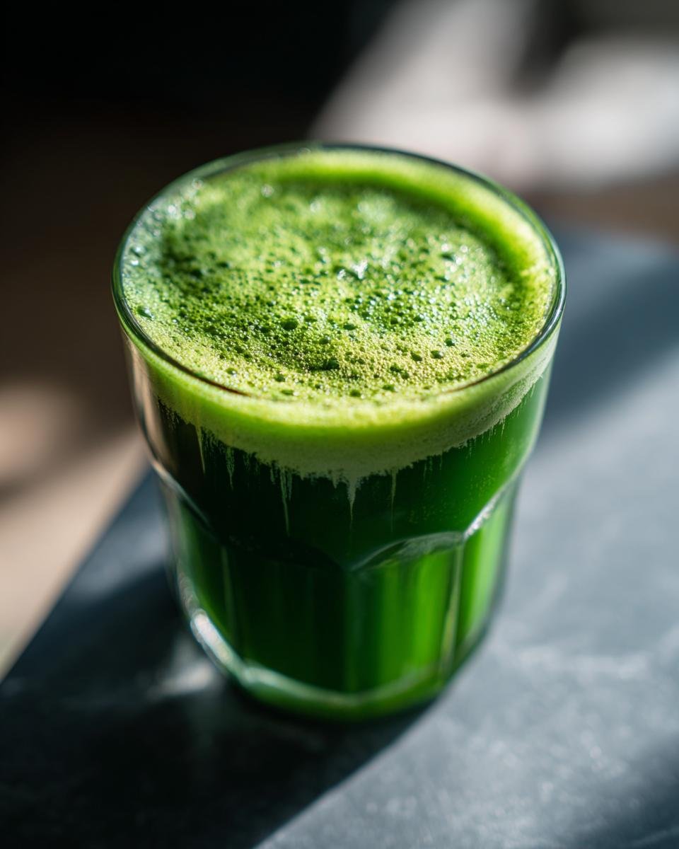 A close-up of a glass filled with vibrant green Morning Glory Detox Juice, topped with a layer of foam.