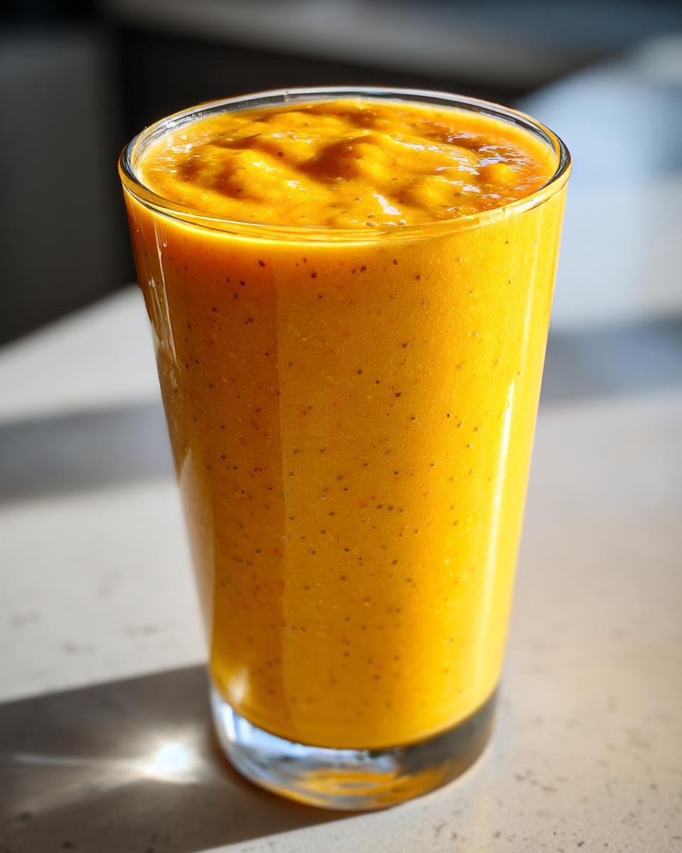 A tall glass filled with a vibrant, thick Morning Mango Tropical Smoothie, showing its textured consistency.