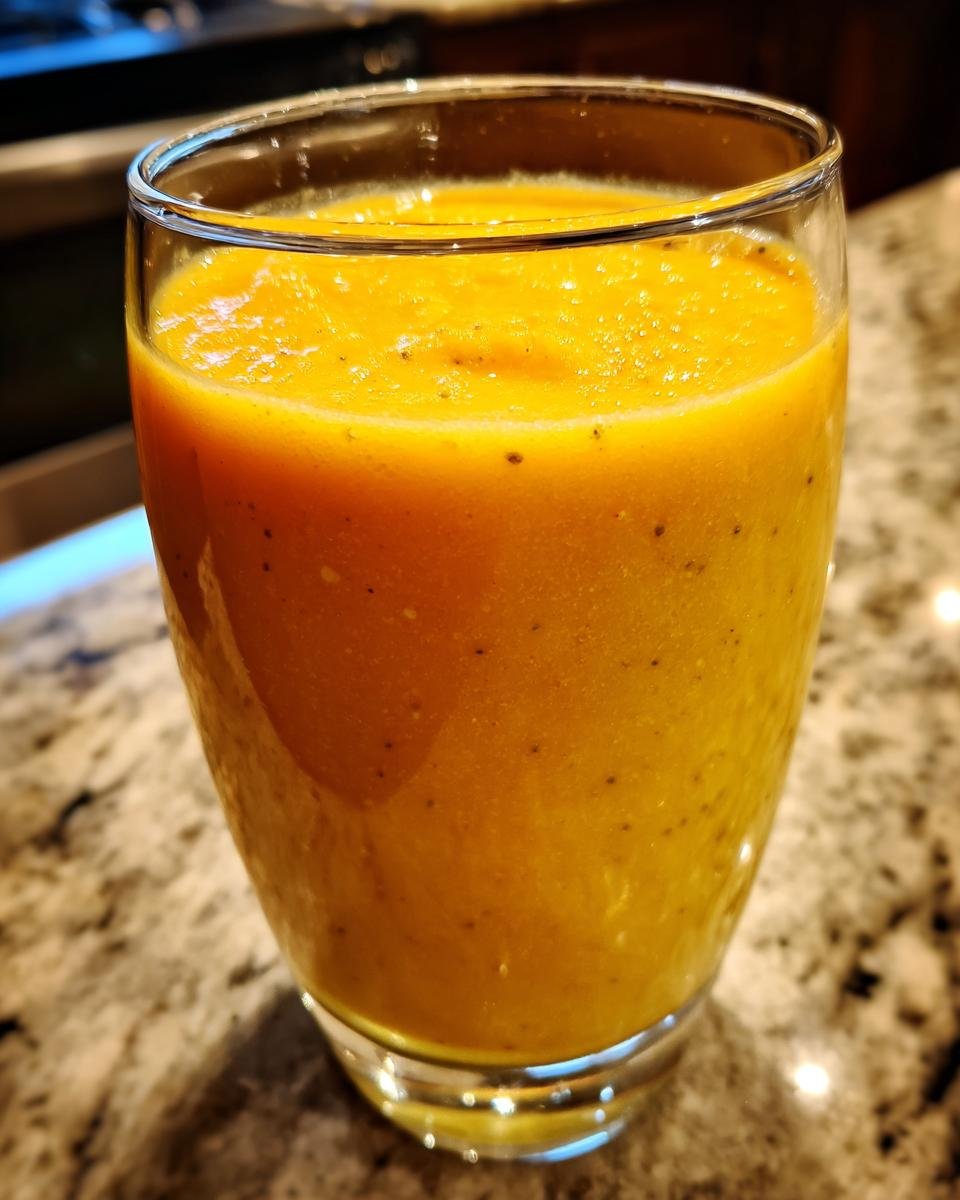 A close-up of a glass filled with a vibrant, orange Morning Mango Tropical Smoothie.