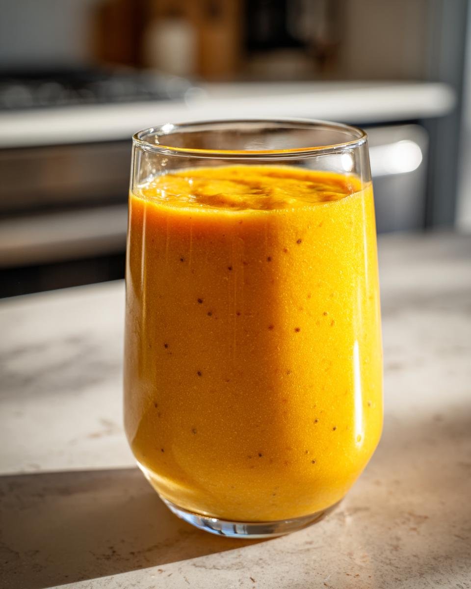 A vibrant glass filled with a thick Morning Mango Tropical Smoothie, showing small dark seeds throughout.