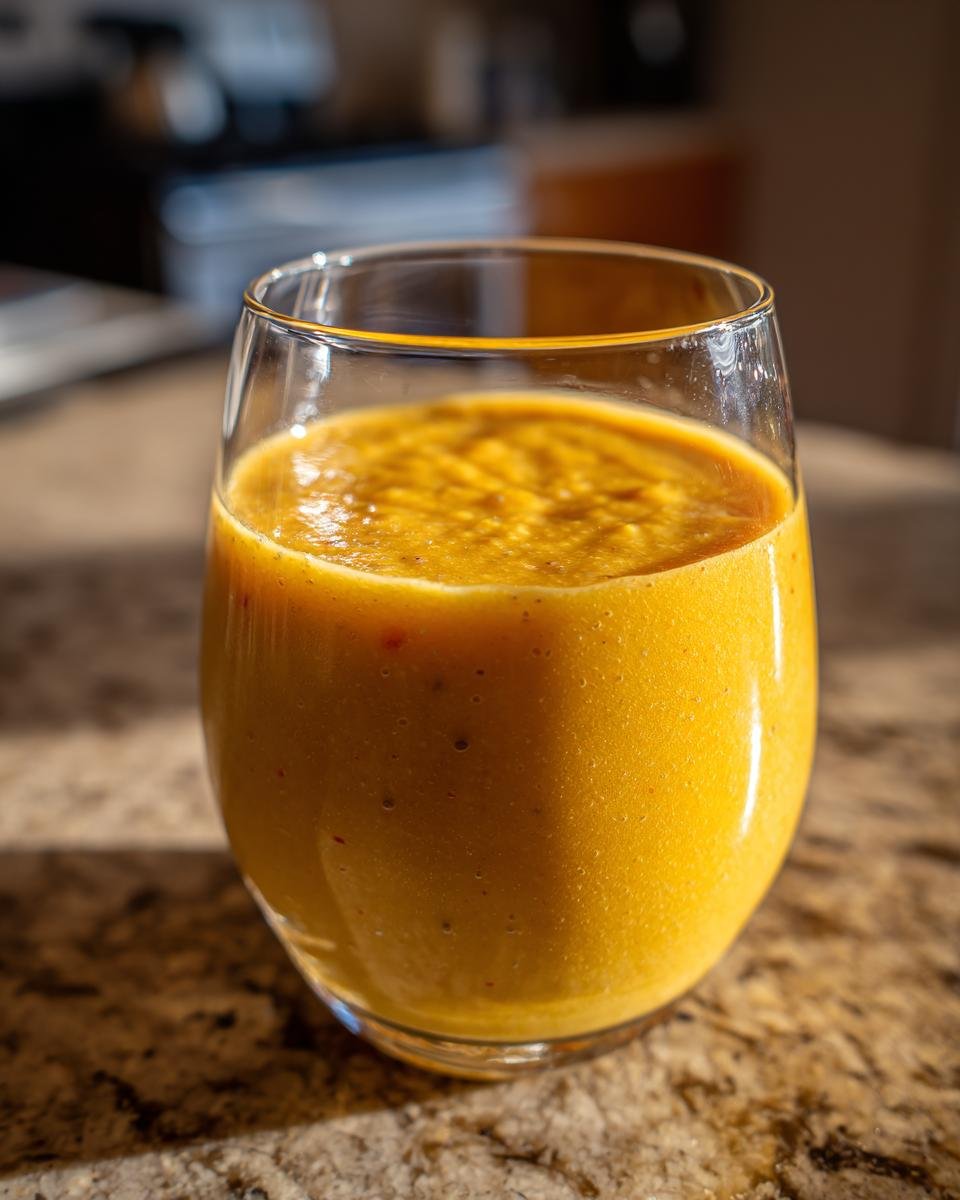 A refreshing Morning Mango Tropical Smoothie served in a clear glass, ready to be enjoyed.