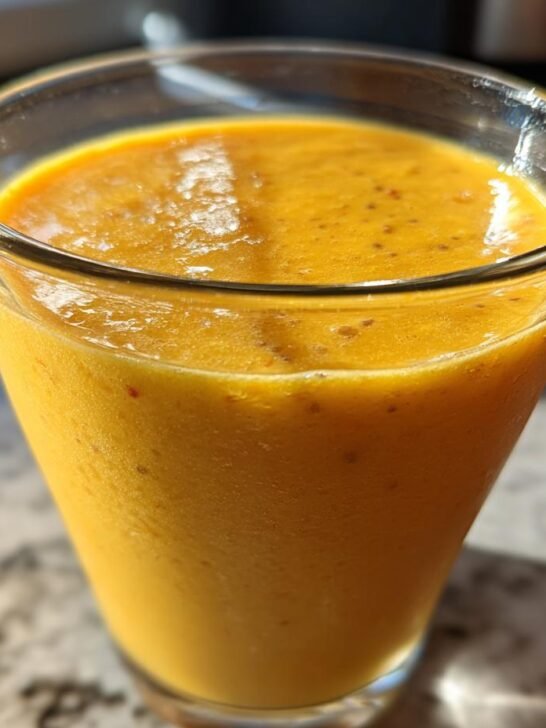 A refreshing Morning Mango Tropical Smoothie served in a clear glass, ready to enjoy.