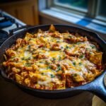 A close-up of My Familys Fave Chicken Enchilada Skillet, bubbling with melted cheese and topped with fresh cilantro.