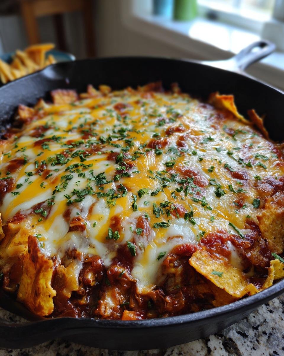 A close-up of My Familys Fave Chicken Enchilada Skillet in a cast iron pan, topped with melted cheese and cilantro.