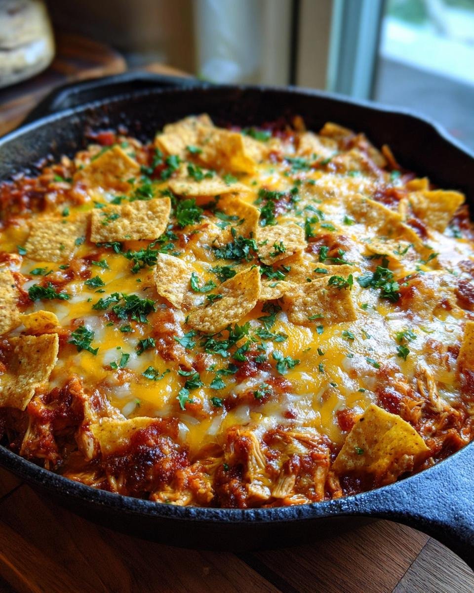 Close-up of My Familys Fave Chicken Enchilada Skillet in a cast iron pan, topped with melted cheese and tortilla chips.