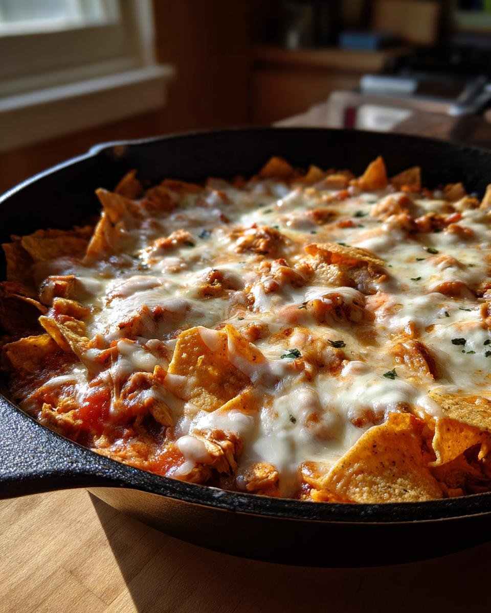 Close-up of My Familys Fave Chicken Enchilada Skillet with melted cheese and tortilla chips.