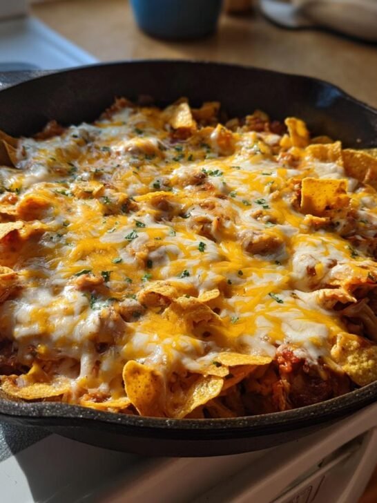 A close-up of My Familys Fave Chicken Enchilada Skillet in a cast iron pan, topped with melted cheese and crushed tortilla chips.