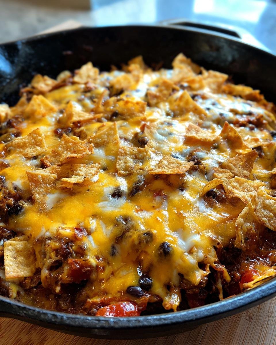 Close-up of My Family's Fave Chicken Enchilada Skillet bubbling with melted cheese and tortilla chips.