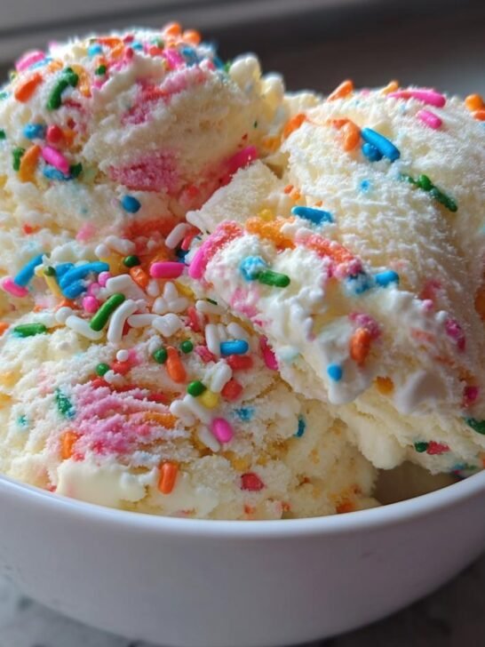 Close-up of three scoops of My Favorite Funfetti Cake Ice Cream in a white bowl, adorned with colorful sprinkles.