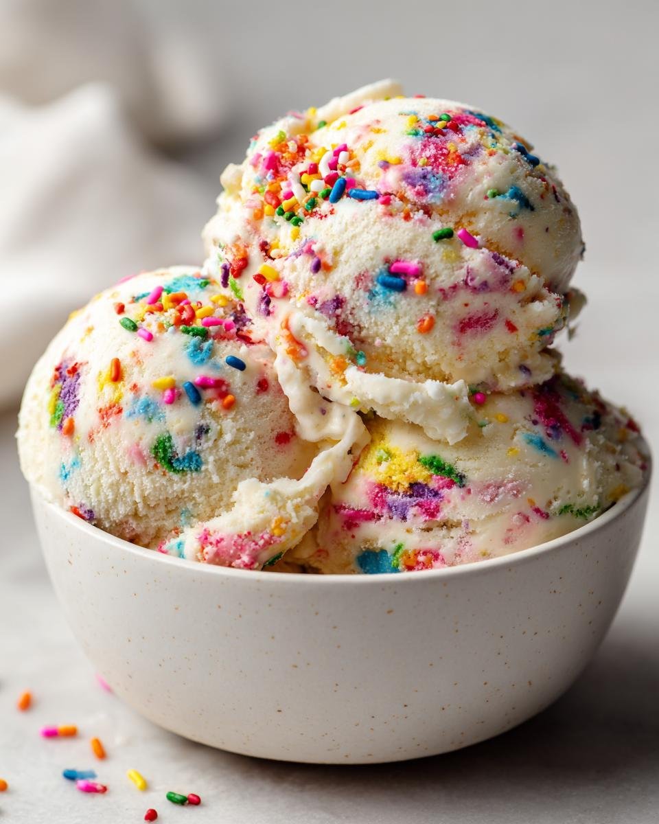 A bowl of My Favorite Funfetti Cake Ice Cream with colorful sprinkles and cake pieces.
